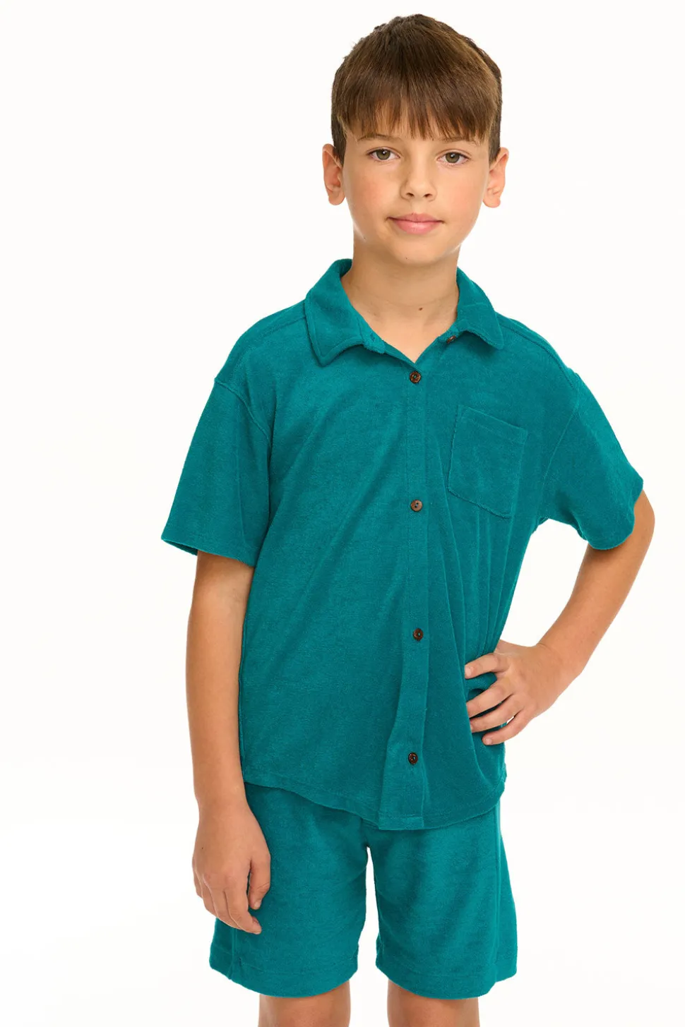 Chaser Brand Boy's Lake Green Terry Cloth Button Down Collared Shirt Store