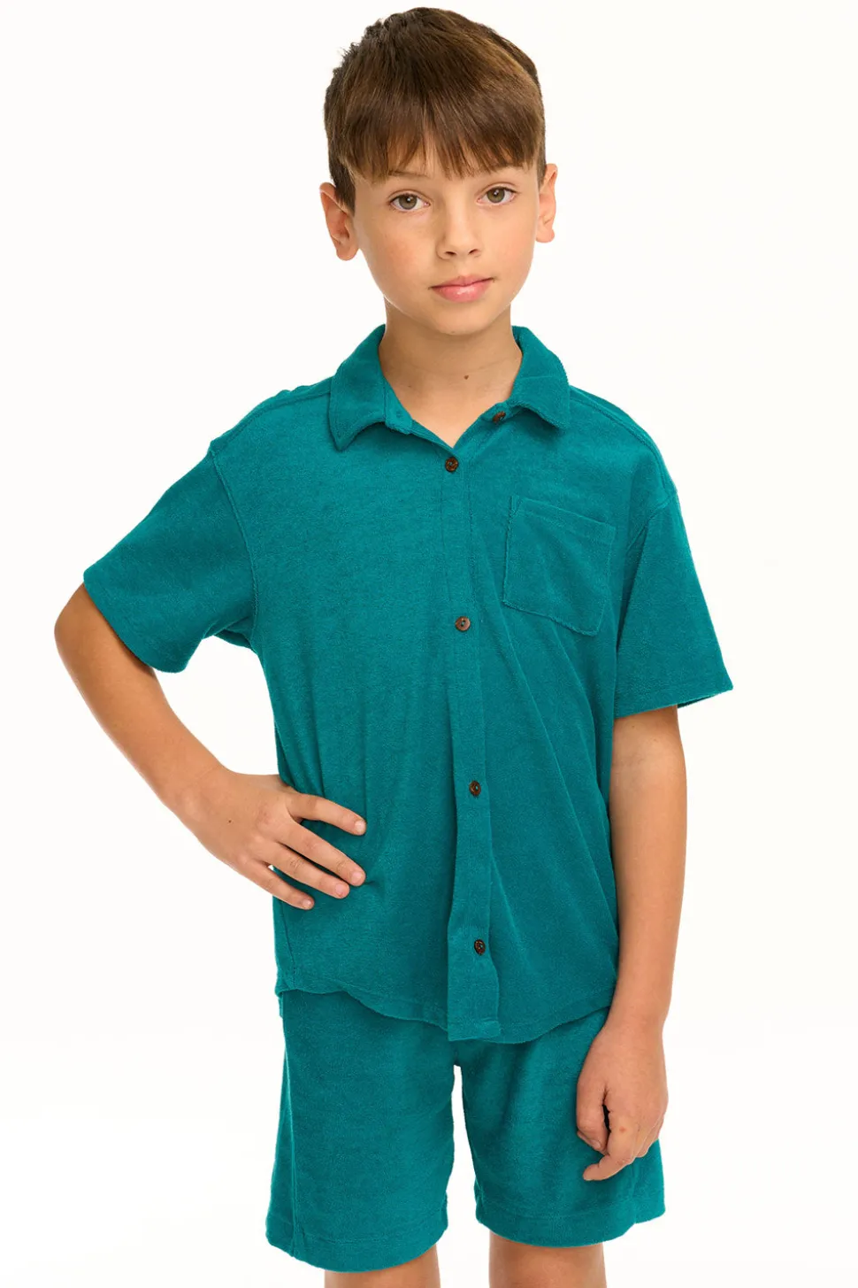 Chaser Brand Boy's Lake Green Terry Cloth Button Down Collared Shirt Store