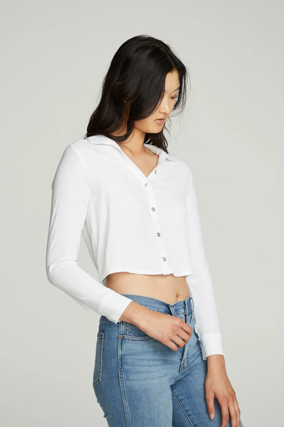 Chaser Brand Cropped Long Sleeve Button Down Shirt Hot