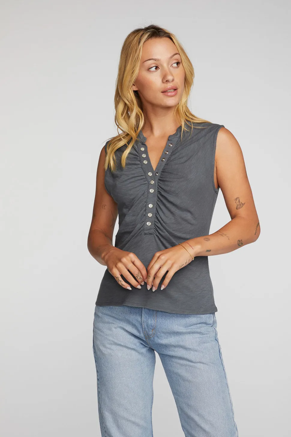 Chaser Brand Gauze Jersey Snap Down Tank With Shirring Fashion