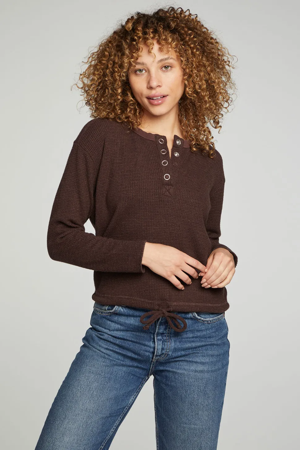 Chaser Brand Long Sleeve Snap Henley Drawstring Waist Tee New