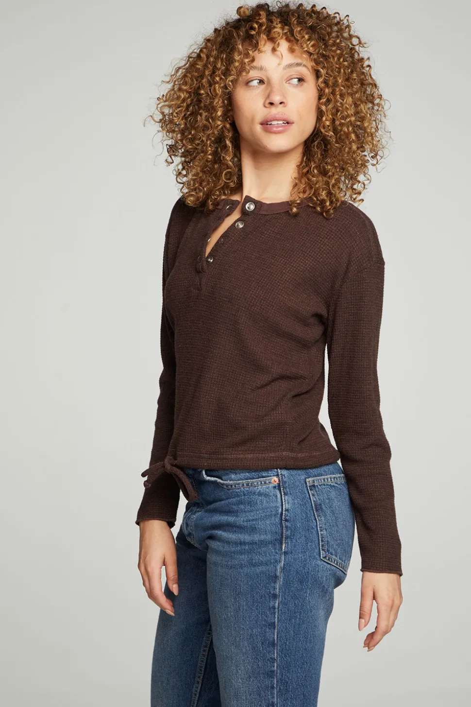 Chaser Brand Long Sleeve Snap Henley Drawstring Waist Tee New
