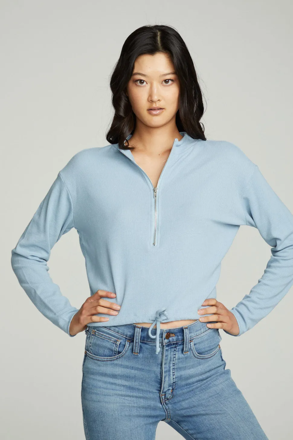 Chaser Brand Long Sleeve Zipper Mock Neck Semi Cropped Tee Flash Sale