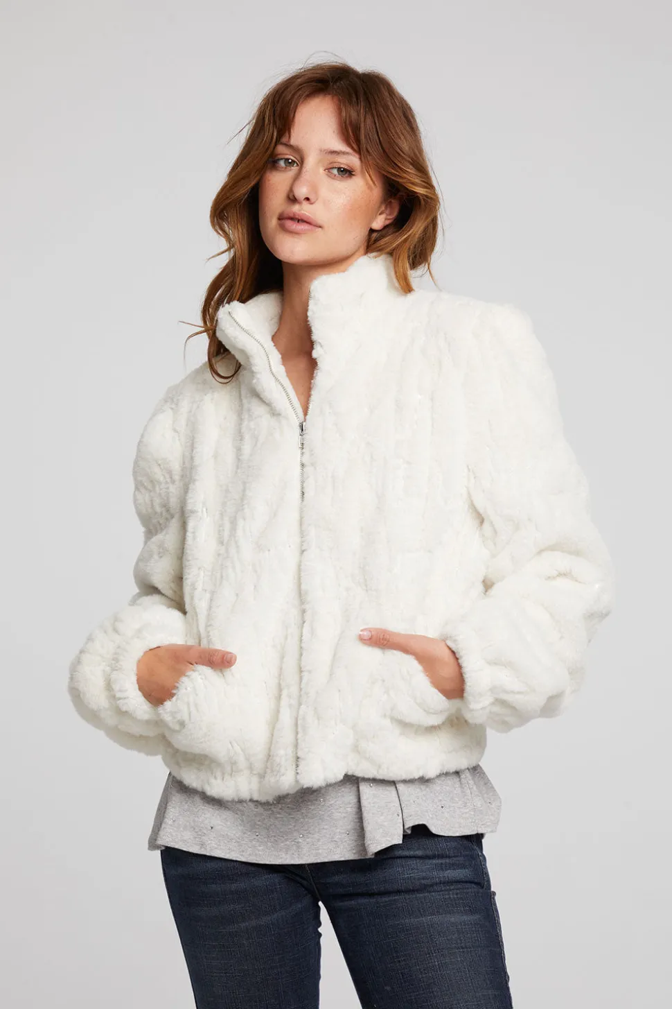Chaser Brand Puff Sleeve Starry White Jacket Discount