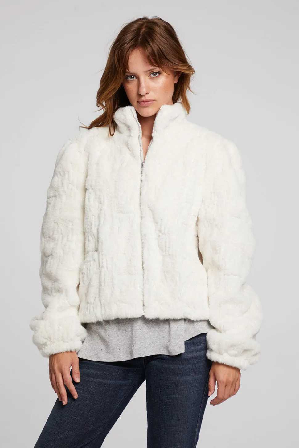 Chaser Brand Puff Sleeve Starry White Jacket Discount