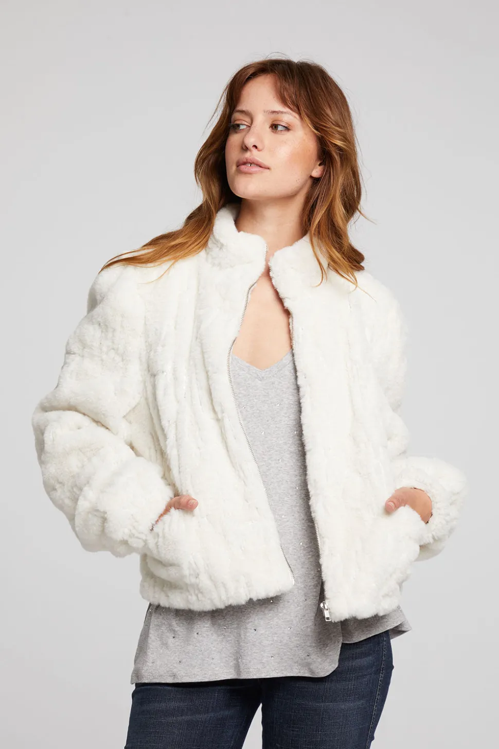Chaser Brand Puff Sleeve Starry White Jacket Discount