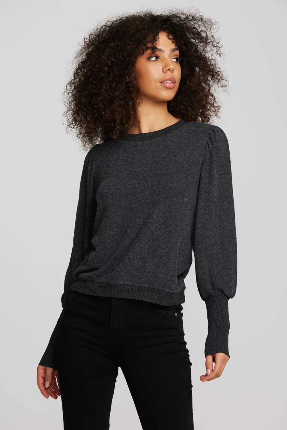 Chaser Brand Recycled Bliss Knit Crewneck Pullover With Rib And Puff Sleeve Cheap