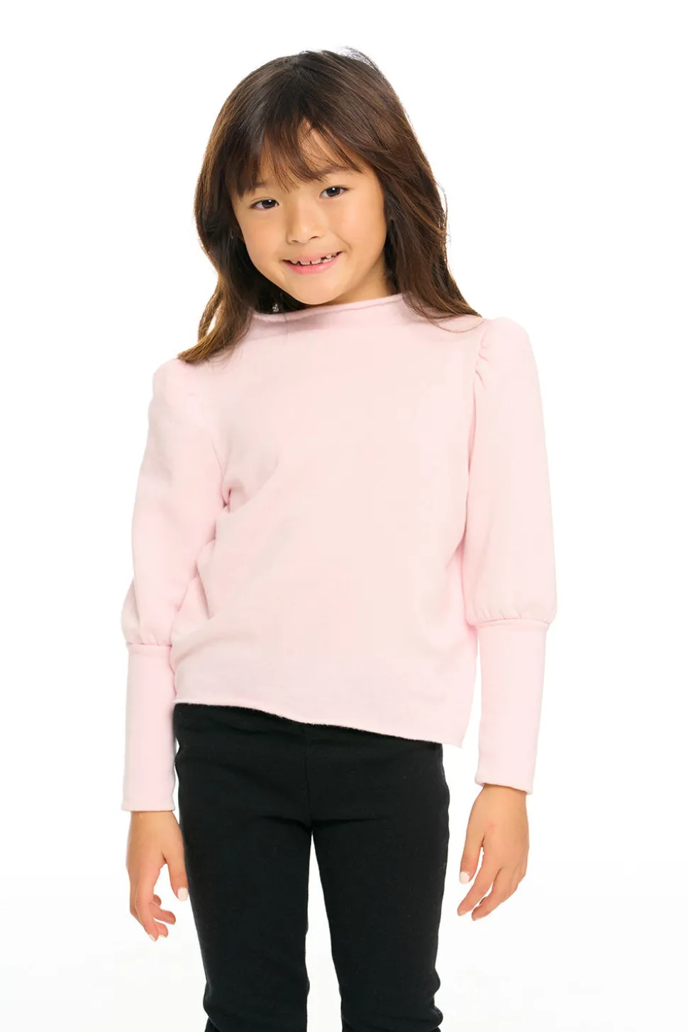 Chaser Brand Semi Cropped Hi Lo Mock Neck Puff Sleeve Pullover Store